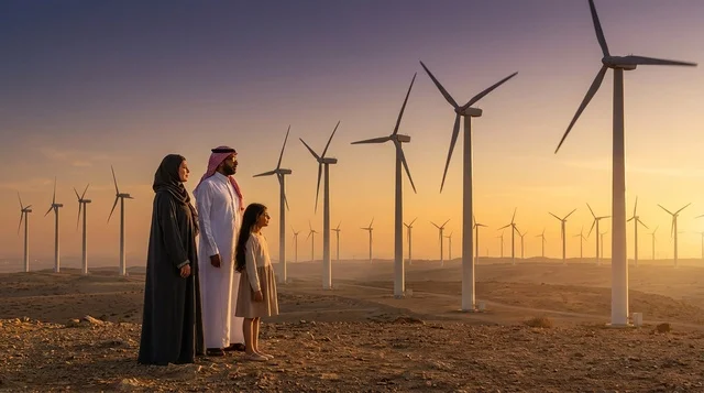 Saudi Family at Wind Turbine Farm at Golden Sunset