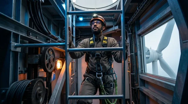 An Arab engineer climbs a wind turbine in safety gear.