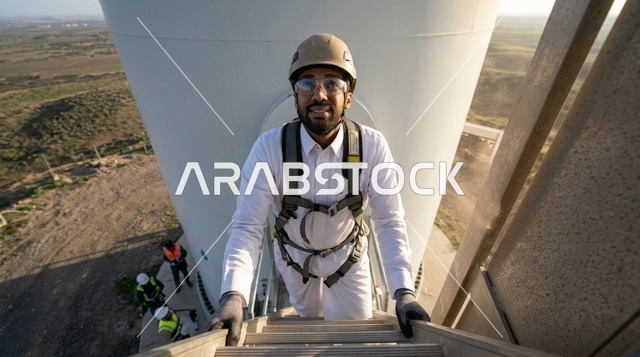 مهندس عربي يتسلق توربين رياح بملابس السلامة