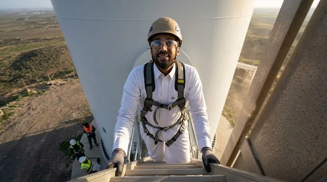An Arab engineer climbs a wind turbine in safety gear.