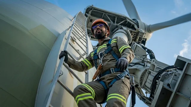 Saudi Engineer Climbing Wind Turbine For Maintenance