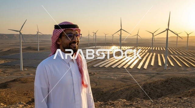 رجل سعودي عند توربينات الرياح وقت الغروب في الصحراء