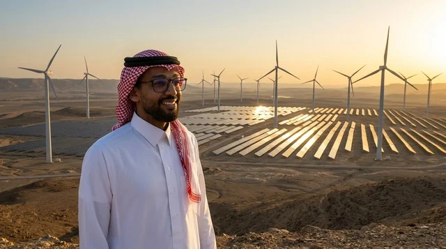 رجل سعودي عند توربينات الرياح وقت الغروب في الصحراء