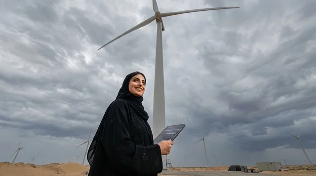 Arab Woman Engineer with Tablet at Wind Farm Turbine