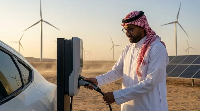Saudi Man Charging Electric Car at Renewable Energy Farm