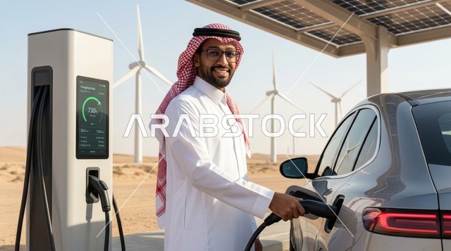 مواطن سعودي يشحن سيارة كهربائية في محطة صحراوية