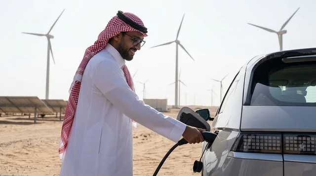 رجل سعودي يشحن سيارة كهربائية في محطة طاقة متجددة