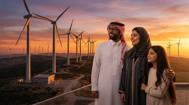 عائلة سعودية أمام توربينات رياح لتوليد الطاقة عند الغروب