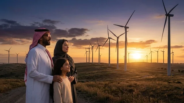 Saudi Family at Wind Turbine Farm during Sunset