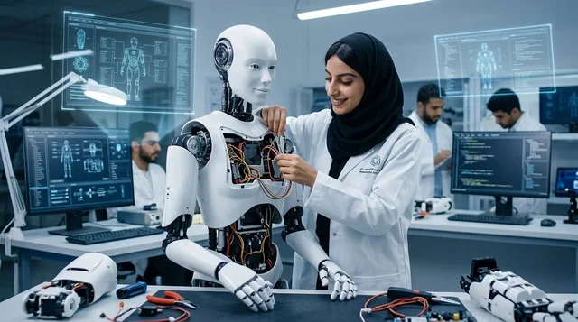 An Arab doctor with a robotic surgery device in the hospital. An Arab doctor with a robotic surgery device in the hospital.