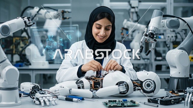 طبيبة عربية مع جهاز الجراحة الروبوتية في المستشفى