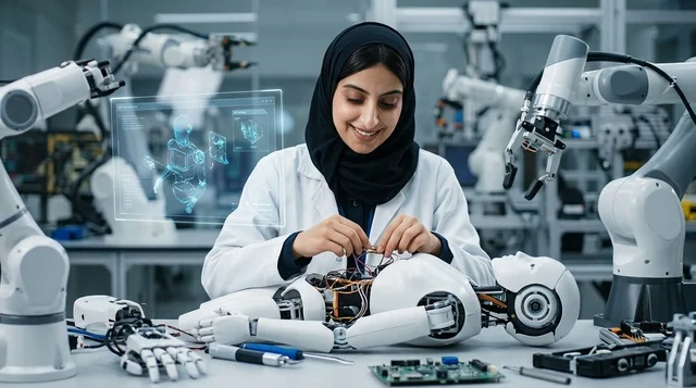 An Arab doctor with a robotic surgery device in the hospital. An Arab doctor with a robotic surgery device in the hospital.