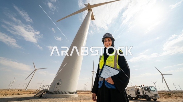 مهندسة إماراتية في حقل توربينات الرياح تضع خوذة الأمان