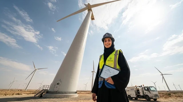 Emirati Female Engineer at Wind Farm with Tablet