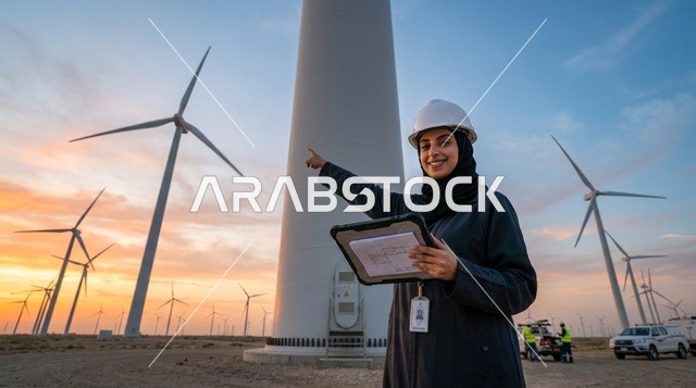 Saudi Female Engineer at Wind Farm Sunset