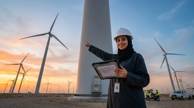 مهندسة سعودية في محطة طاقة الرياح وقت الغروب