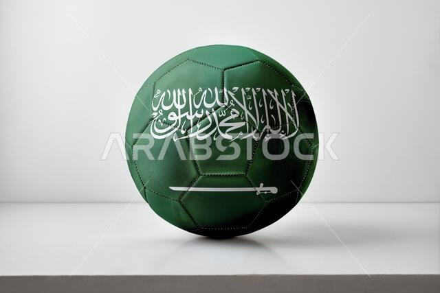 كرة قدم خضراء عليها علم المملكة العربية السعودية مكتوب عليه بخط عربي وسيف، موضوعة على سطح أبيض تحت إضاءة استوديو ناعمة.