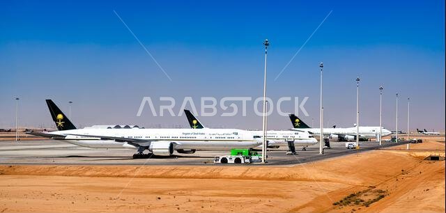 Riyadh, Saudi Arabia - February 19, 2026: Several Saudi Arabian government aircraft, including Boeing jets, parked on the apron at King Khalid International Airport