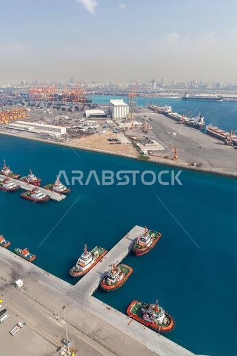 Jeddah, Saudi Arabia - December 22, 2019: Jeddah Islamic Seaport, aerial photography with moored fleet of tug boats, vertical photo