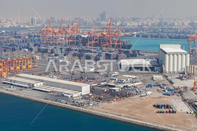 Jeddah, Saudi Arabia - December 22, 2019: Bird eye view of the Jeddah Islamic Seaport on a sunny day, industrial harbour