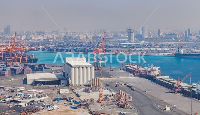 Jeddah, Saudi Arabia - December 22, 2019: Jeddah Islamic Seaport on a sunny day, bird eye view photography