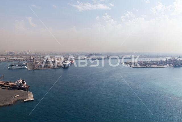 Jeddah, Saudi Arabia - December 22, 2019: Jeddah port aerial view with cargo ships in harbour on a sunny day