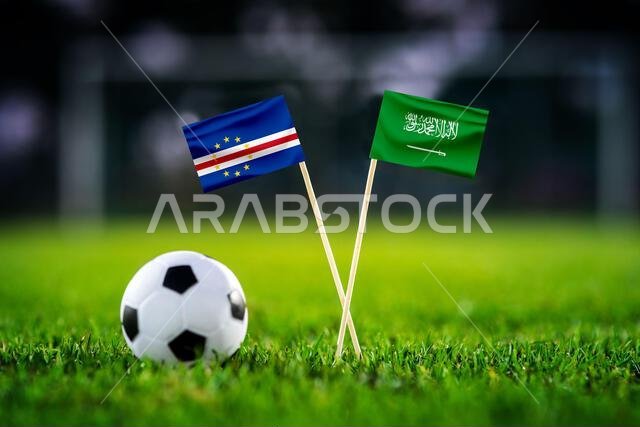 Cape Verde vs Saudi Arabia, national flags before world championship Group H group stage match, football on green pitch with goal in the background, H