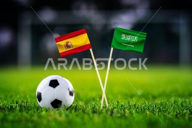 Spain vs Saudi Arabia, national flags before world championship Group H group stage match, football on green pitch with goal in the background, Atlant