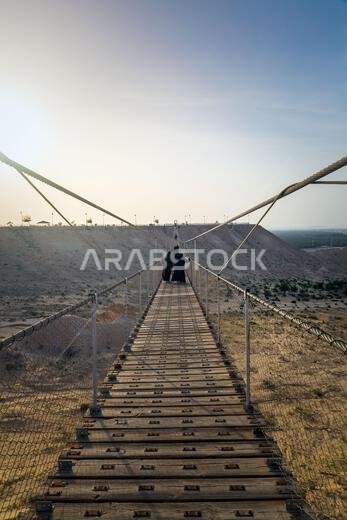 Suspension Bridge Adventure at Al Shuba Hanging Bridge Trail, Al Ahsa Desert Landscape, Al Ahsa, Eastern Province near Al Hofuf, Saudi Arabia. 18-Apri
