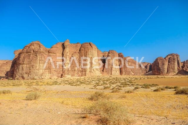 AlUla Sharaan Nature Reserve of Saudi Arabia, showcasing vast desert landscape with towering sandstone rock formations. Featuring scattered palm trees