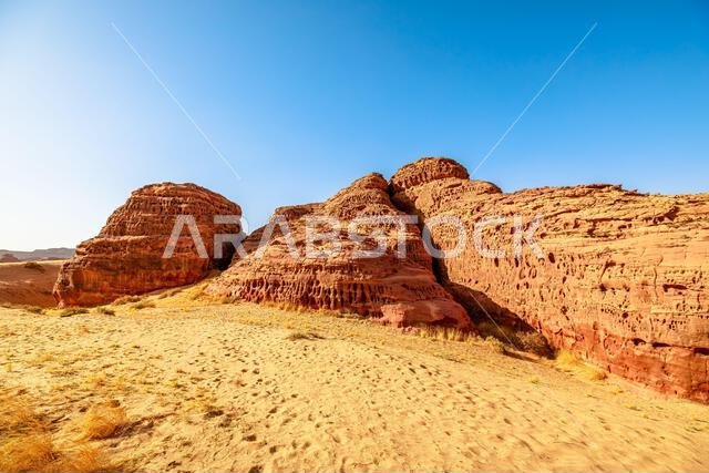 Vast and rugged, AlUla Sharaan Nature Reserve in Saudi Arabia features sweeping desert scenery, sculpted sandstone towers, and isolated palm trees