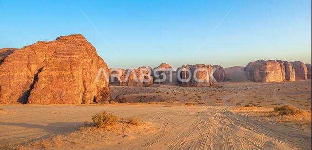 Sharaan Nature Reserve in AlUla, Saudi Arabia: vast desert panorama of towering sandstone formations, golden dunes and sparse vegetation under a clear