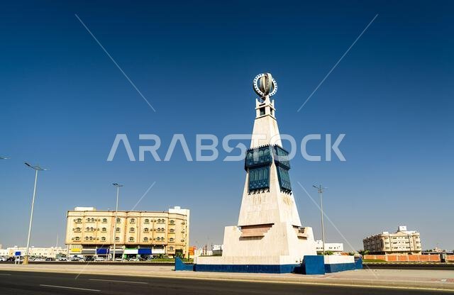 منظر للمعلم المعماري الشهير ذي النوافذ الزرقاء التقليدية الواقع على طريق الملك عبد العزيز في ينبع، المملكة العربية السعودية.