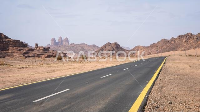 طريق معبد يؤدي عبر منظر صحراوي شاسع تتخلله جبال من الحجر الرملي، تبوك، المملكة العربية السعودية