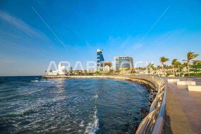 Scenic view of Island Mosque, a beautiful white mosque built on stilts over the Red Sea in Jeddah, Saudi Arabia, a testament to architectural