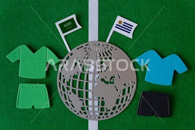 Soccer-themed design featuring soccer balls, jerseys, and trophies representing an in-ternational sporting event. Soccer-themed design featuring soccer balls, jerseys, and trophies representing an in-ternational sporting event.