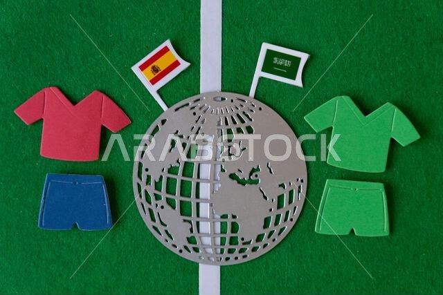 Artistic scene depicting a soccer championship, global competition, and a sporting atmosphere on a soccer field. Artistic scene depicting a soccer championship, global competition, and a sporting atmosphere on a soccer field.