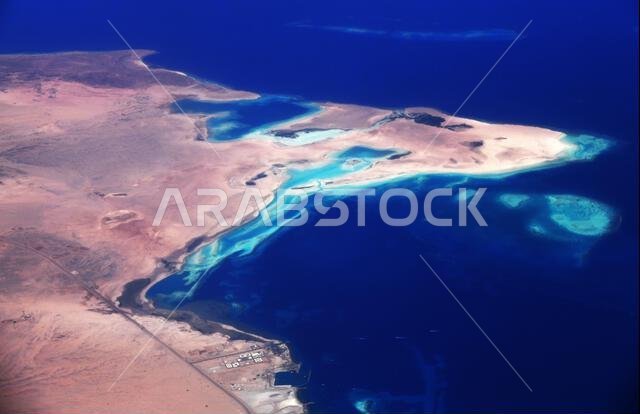 Aerial view of the the Red Sea Saudi coast to the north of Jeddah, Saudi Arabia.