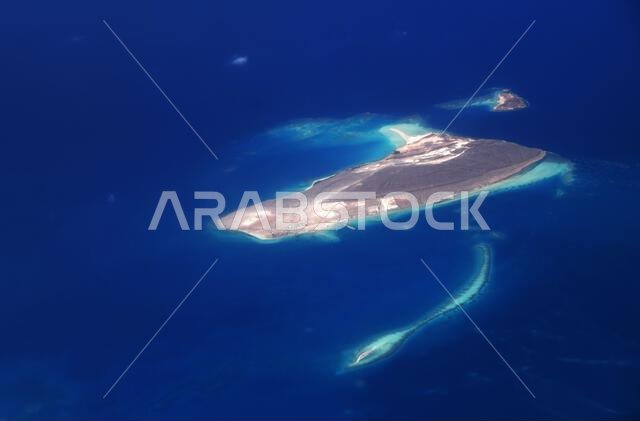 Aerial view of Islands off the Red Sea coast north of Jeddah, Saudi Arabia.