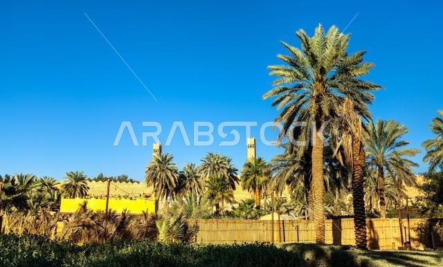 Al-Huwayett park at the historic Adhwaihrah area of At Turaif in Diriyah, Saudi Arabia, featuring traditional Najdi architecture and lush palm trees under a blue sky.