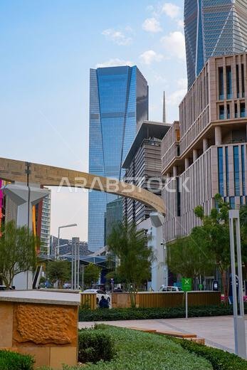 Monorail tracks at the foot of modern skyscrapers at King Abdullah Financial District (KAFD) in Riyadh, Saudi Arabia Monorail tracks at the foot of modern skyscrapers at King Abdullah Financial District (KAFD) in Riyadh, Saudi Arabia