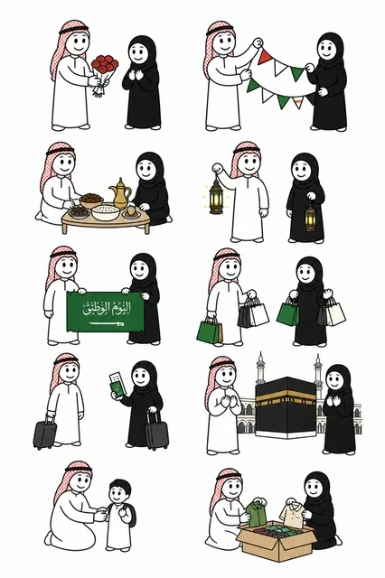 Saudi Couple Celebrating National Day and Shopping Vector Illustrations