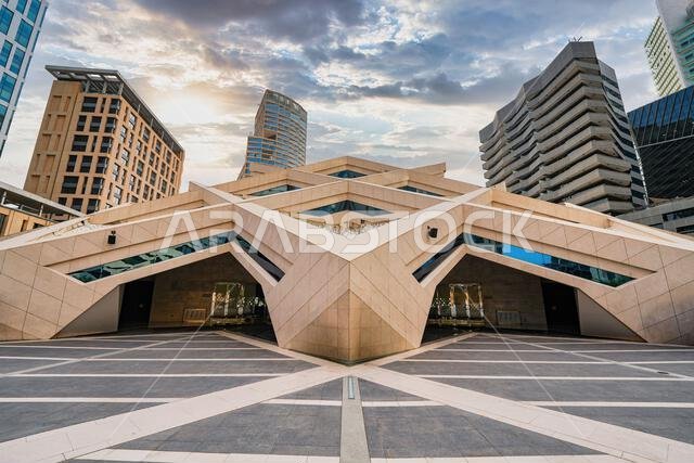 Facade of the KAFD Grand Mosque at King Abdullah Financial District in Riyadh, Saudi Arabia