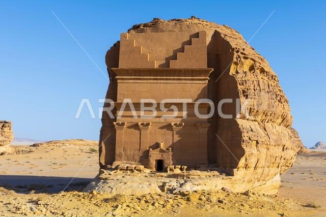 Qasr al-Farid (the Tomb of Lihyan Son of Kuza) from the 1st century CE, a monumental Nabataean tomb located in the ancient city of Hegra, Saudi Arabia