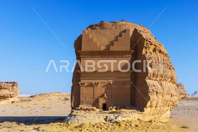 Qasr al-Farid (the Tomb of Lihyan Son of Kuza) from the 1st century CE, a monumental Nabataean tomb located in the ancient city of Hegra, Saudi Arabia
