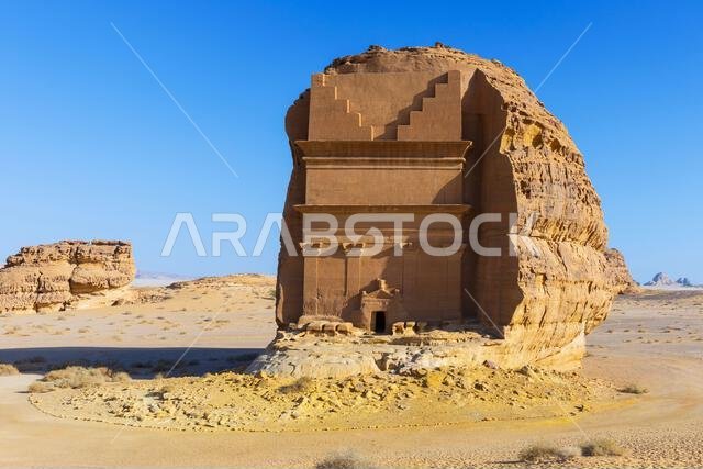 Qasr al-Farid (the Tomb of Lihyan Son of Kuza) from the 1st century CE, a monumental Nabataean tomb located in the ancient city of Hegra, Saudi Arabia