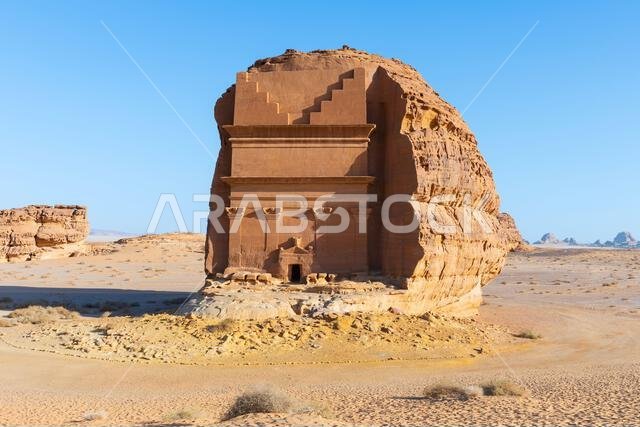 Qasr al-Farid (the Tomb of Lihyan Son of Kuza) from the 1st century CE, a monumental Nabataean tomb located in the ancient city of Hegra, Saudi Arabia