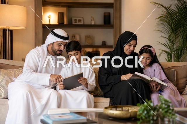 عائلة خليجية تقرأ وتستخدم جهازاً لوحياً في المنزل