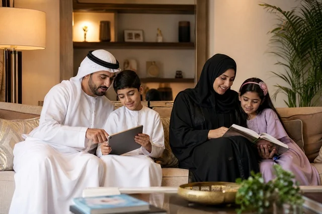 عائلة خليجية تقرأ وتستخدم جهازاً لوحياً في المنزل