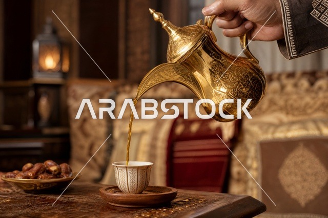 صب القهوة العربية من الدلة الذهبية الضيافة السعودية